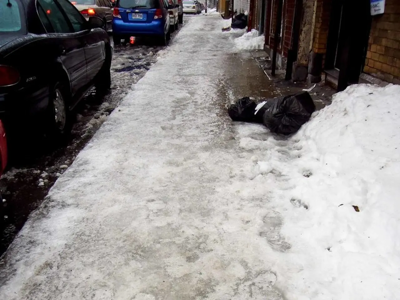 In this image, we can see some snow and objects on the footpath. There are cars in the top left of...