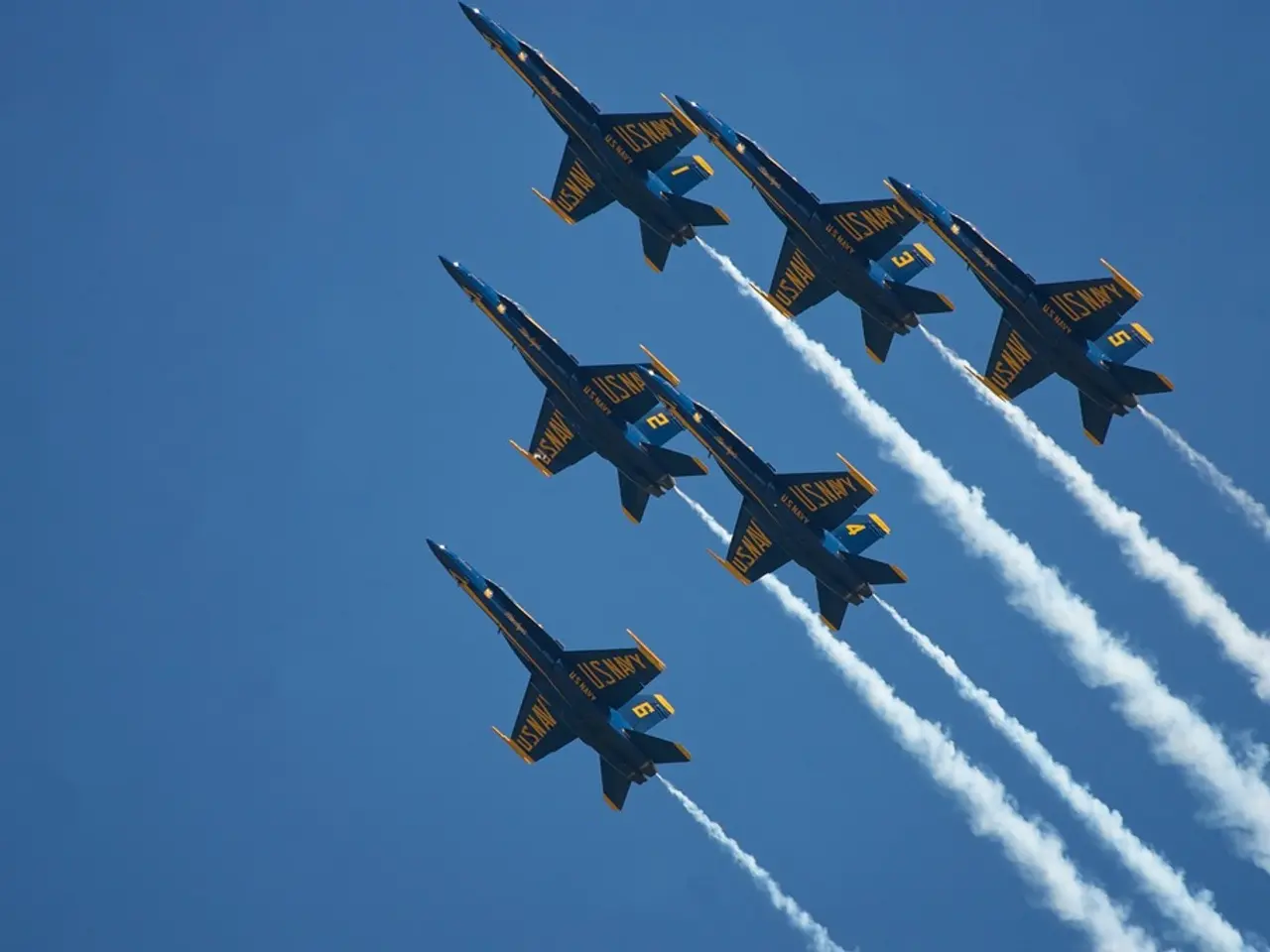 In this image we can see many aircrafts. There is some text on the aircrafts. There is a smoke in...