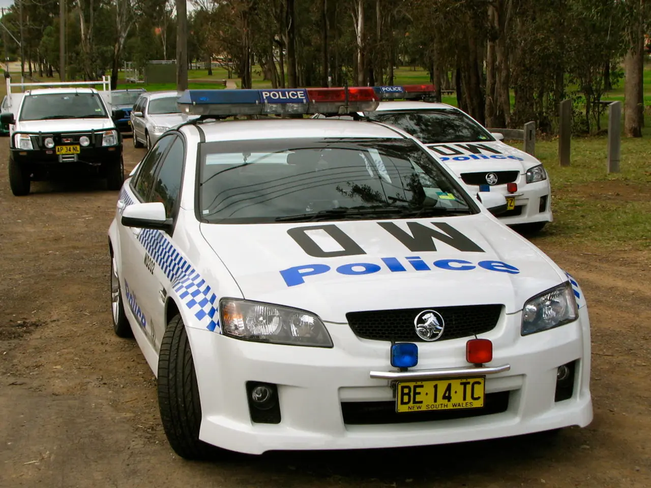 In this image we can see many cars. There are many trees and plants. There is some text on the...