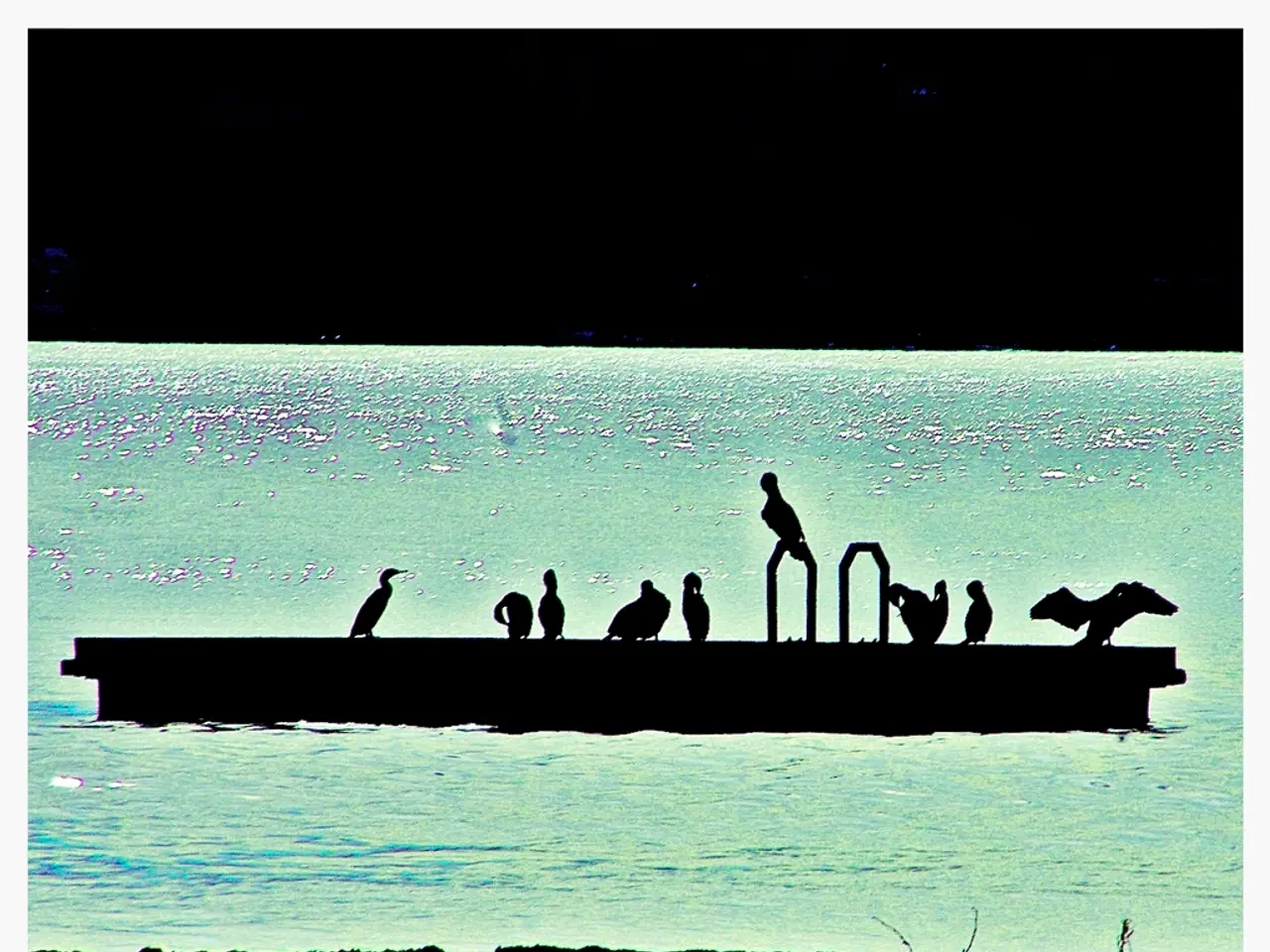 This image is a painting. In this image we can see water, boat and birds.