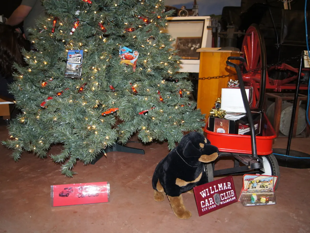 In this image we can see a dog toy, name boards, trolley in which few things kept, Xmas tree,...