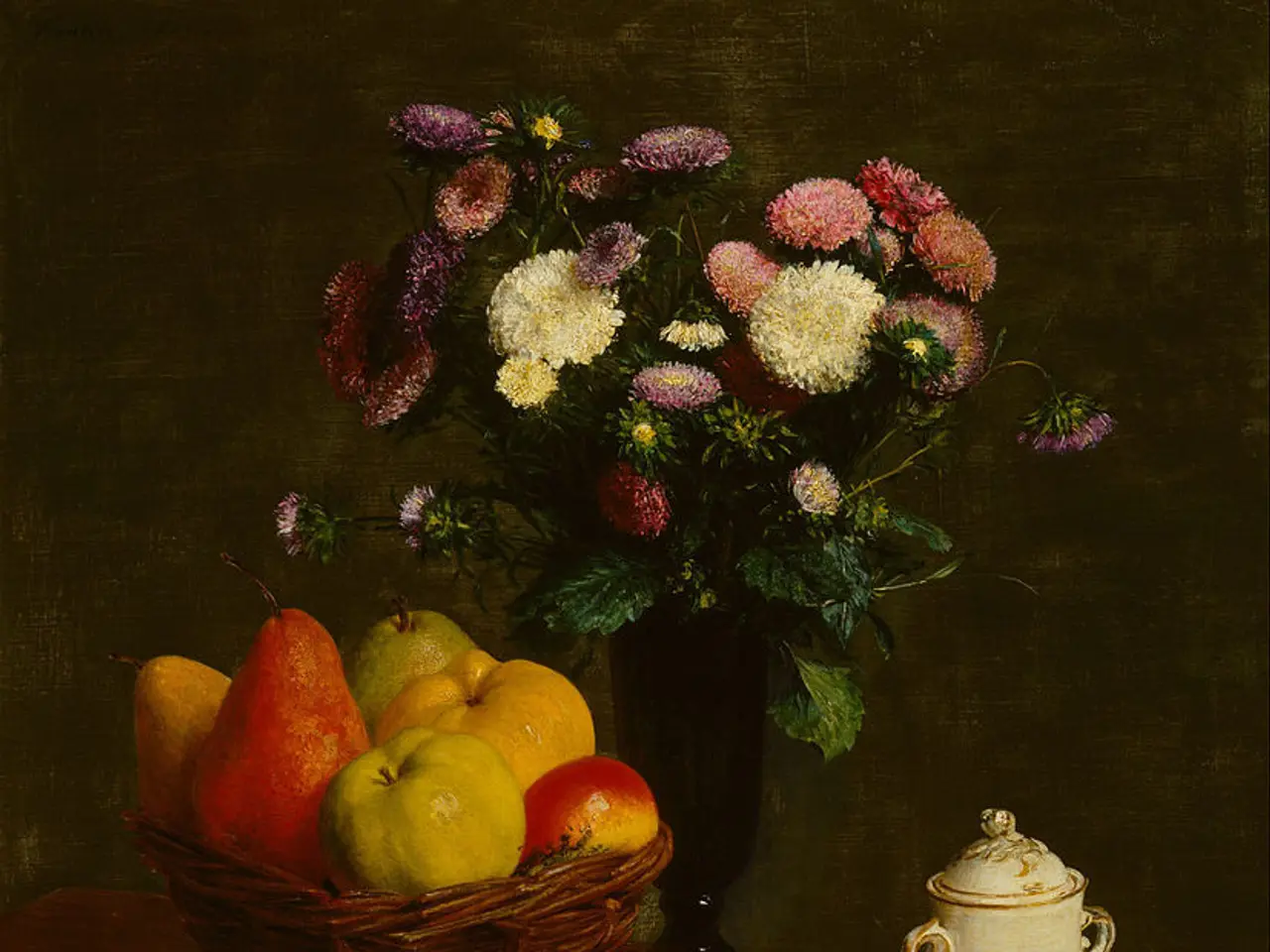 In this image we can see a painting. There are fruits on a basket. Also there is a jug. There is a...