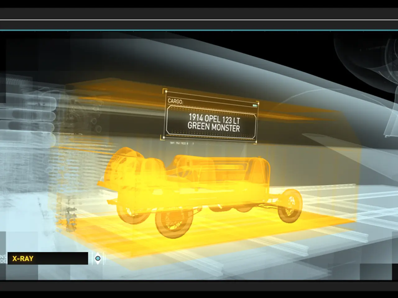In this image I can see x-ray screen, in the screen I can see a vehicle in gold color and the...