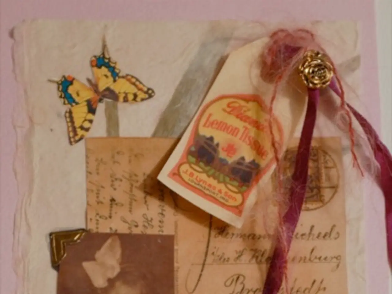 In the given image i can see a photo of a girl,card with text,artificial butterfly and few objects.