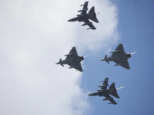 In this image we can see airplanes flying in the sky.