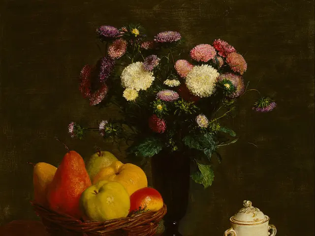 In this image we can see a painting. There are fruits on a basket. Also there is a jug. There is a...